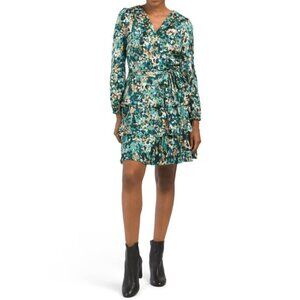 NWT Nicole Miller NY Women's Floral Print Long Sleeve Ruffle Tiered Mini Dress